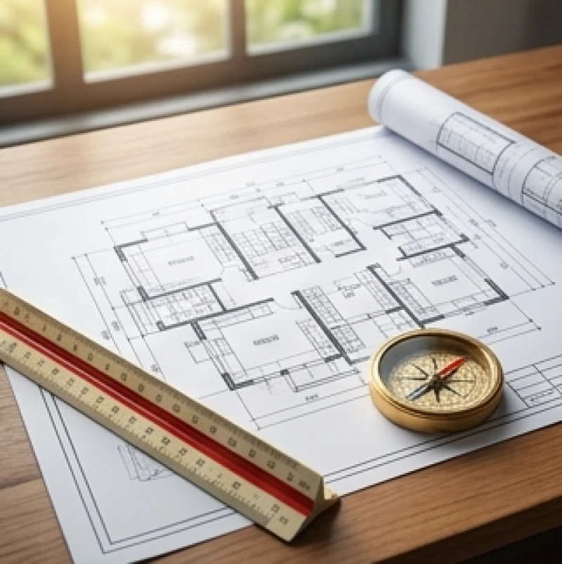 Bản vẽ thiết kế nhà và thước phong thủy dùng để tính toán tuổi động thổ