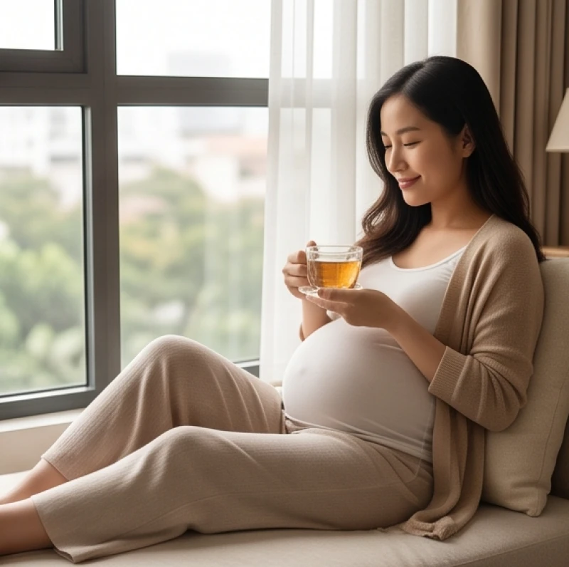 Người mẹ mang thai thư giãn thưởng thức trà thảo mộc trong không gian thiền tịnh