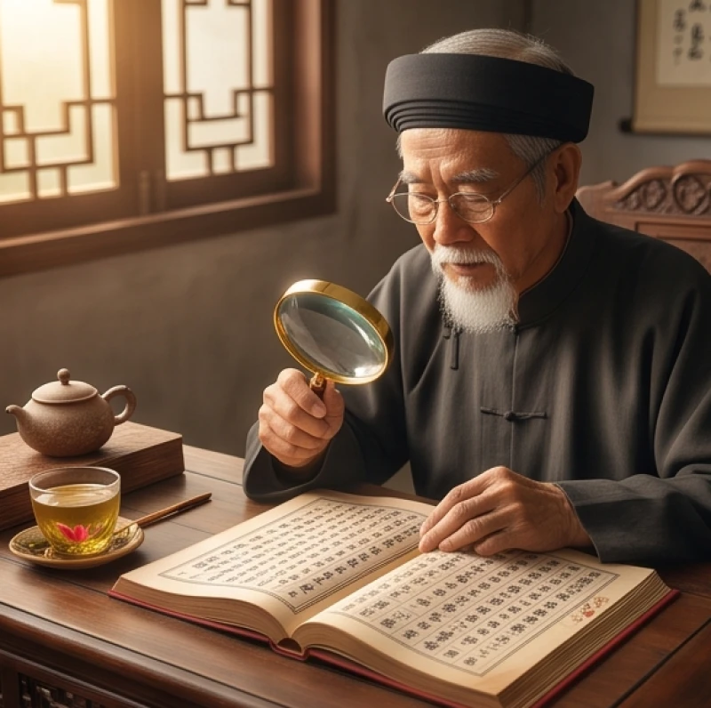 Thầy phong thủy đang cẩn thận xem xét lá số tử vi và tuổi mụ của cô dâu để tìm ra năm kết hôn tốt nhất