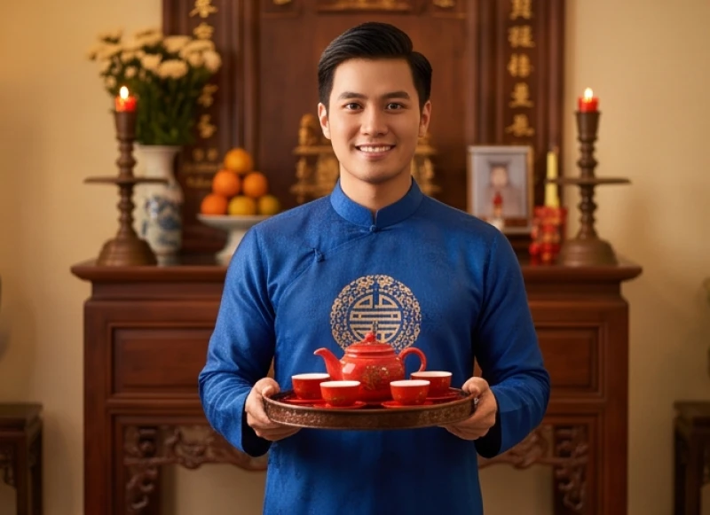 Tuổi Tỵ Nên Cưới Vào Năm Nào: Cách Chọn Năm Và Tháng Đại Lợi 6 Chú rể tuổi Tỵ mặc áo dài truyền thống bưng khay trà dâng lên tổ tiên trong ngày dạm ngõ