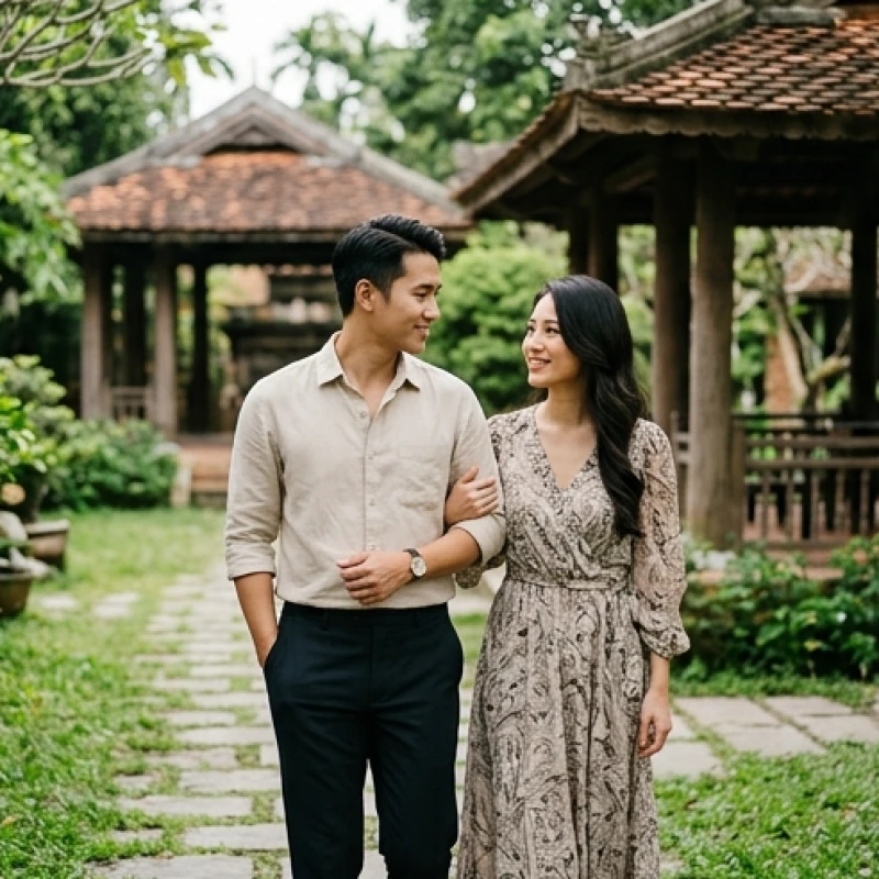Tuổi Sửu nên cưới vào năm nào: Ma trận chọn năm & tháng tốt 14 Hai người khoác tay nhau tản bộ trong một khuôn viên tĩnh lặng, thể hiện sự đồng điệu về mặt ngũ hành cung mệnh
