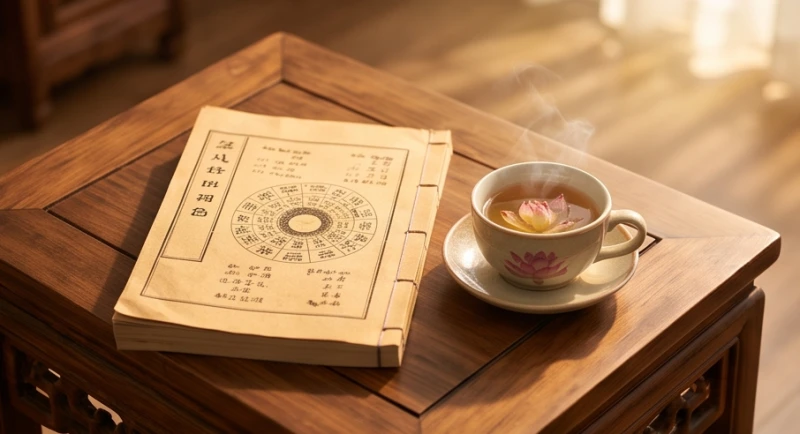 Cuốn sổ tử vi cổ và chén trà sen đặt trên bàn gỗ biểu trưng cho việc tra cứu tuổi hợp kỵ