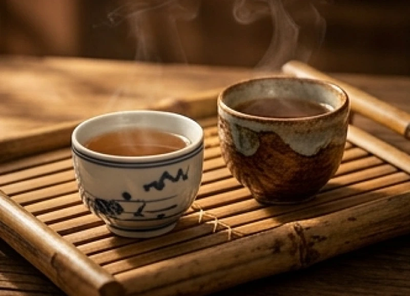 Hai chiếc tách trà mang hoa văn khác biệt nhưng hòa hợp trên cùng một khay tre truyền thống