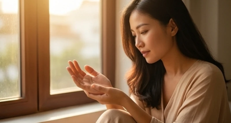 Người phụ nữ đang nhẹ nhàng quan sát các đường chỉ tay trên lòng bàn tay dưới ánh nắng ban mai