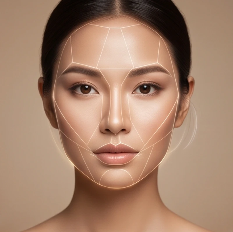 Trục trung tâm của khuôn mặt được chia tỷ lệ bằng các đường nét mờ để đánh giá sự cân bằng ngũ quan