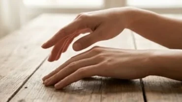 Bàn tay được đặt trên mặt bàn gỗ với các đường nét ngón tay rõ ràng để xem tướng ngón tay chuẩn xác
