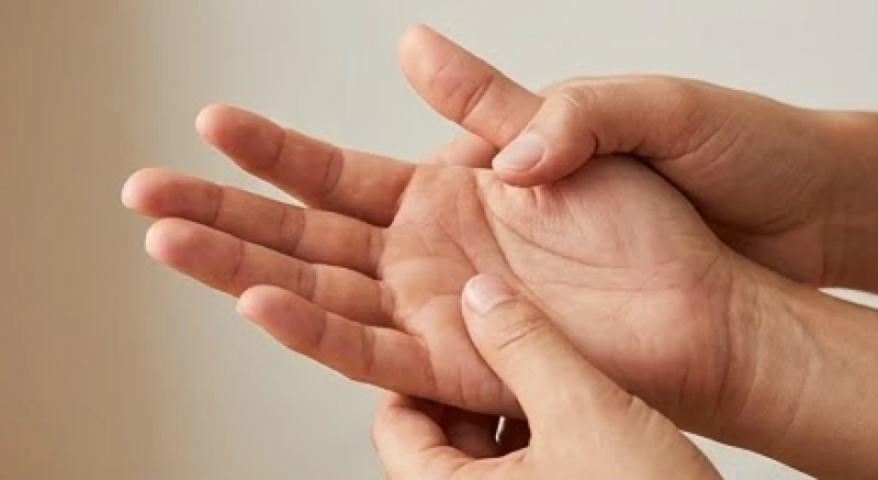 Một người đang xem xét kỹ hình dáng và đường chỉ tay trên bàn tay có ngón trỏ cong