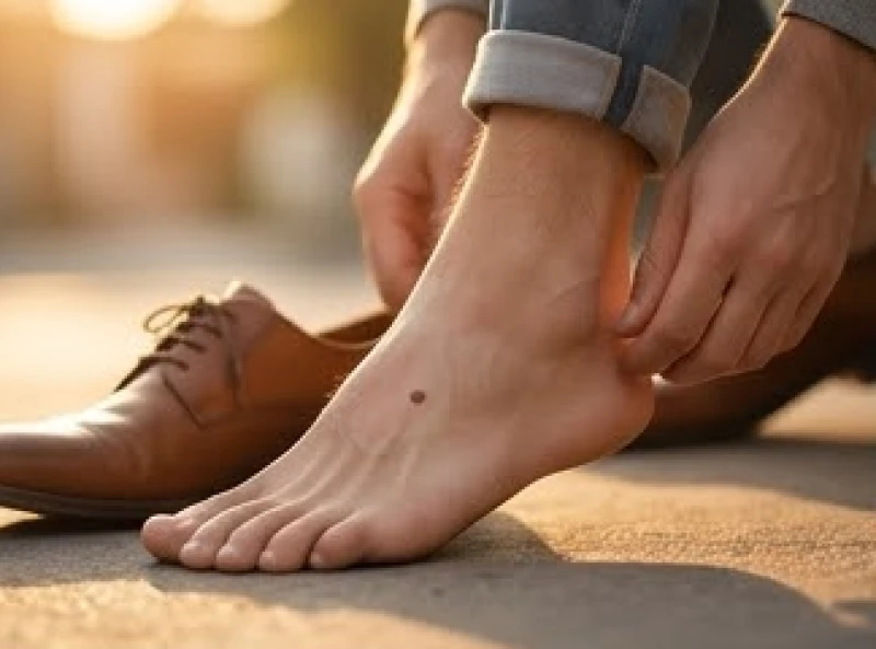 Người phụ nữ tháo giày cao gót lộ nốt ruồi trên mu bàn chân sau một ngày làm việc