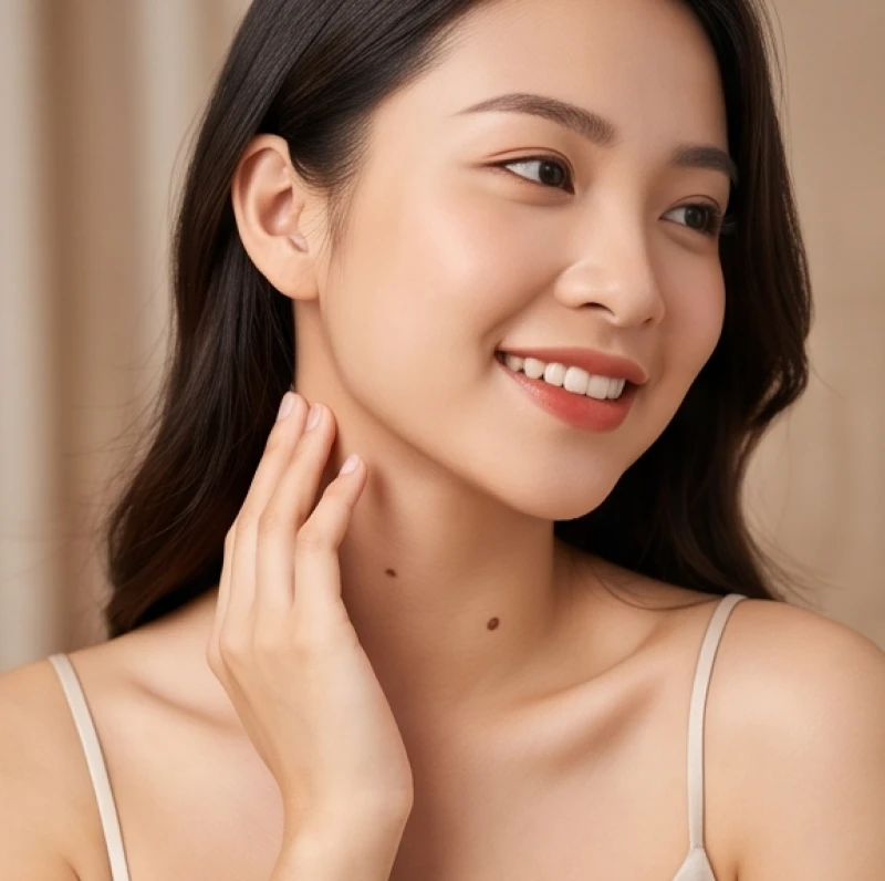 Cô gái trẻ có nốt ruồi ở cổ nữ nổi bật đang mỉm cười nhẹ nhàng trước gương