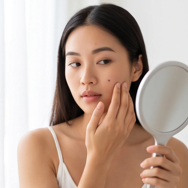 Gương mặt thanh tú của người phụ nữ với nốt ruồi đen duyên dáng đang phản chiếu qua chiếc gương nhỏ.