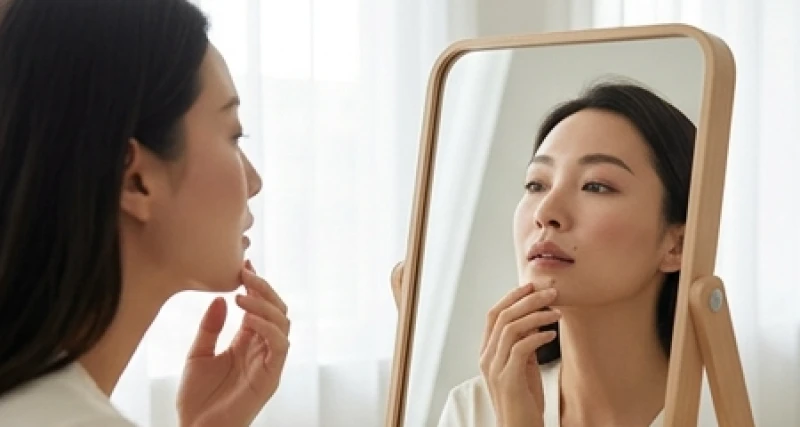 Phụ nữ soi gương kiểm tra các vị trí nốt ruồi giàu sang ở nữ tại vùng nhân trung và cằm.