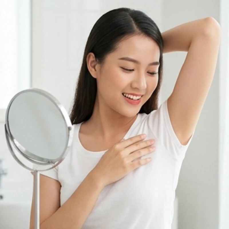 Người phụ nữ soi gương kiểm tra vùng da dưới cánh tay và nốt ruồi