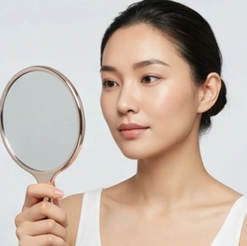 Phụ nữ soi gương quan sát vị trí nốt ruồi trên khuôn mặt để tra cứu ý nghĩa phong thủy và tài lộc