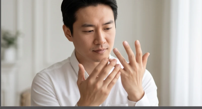 Người đàn ông đang xem xét kỹ các đường chỉ tay và ngón tay trên bàn tay trái của mình