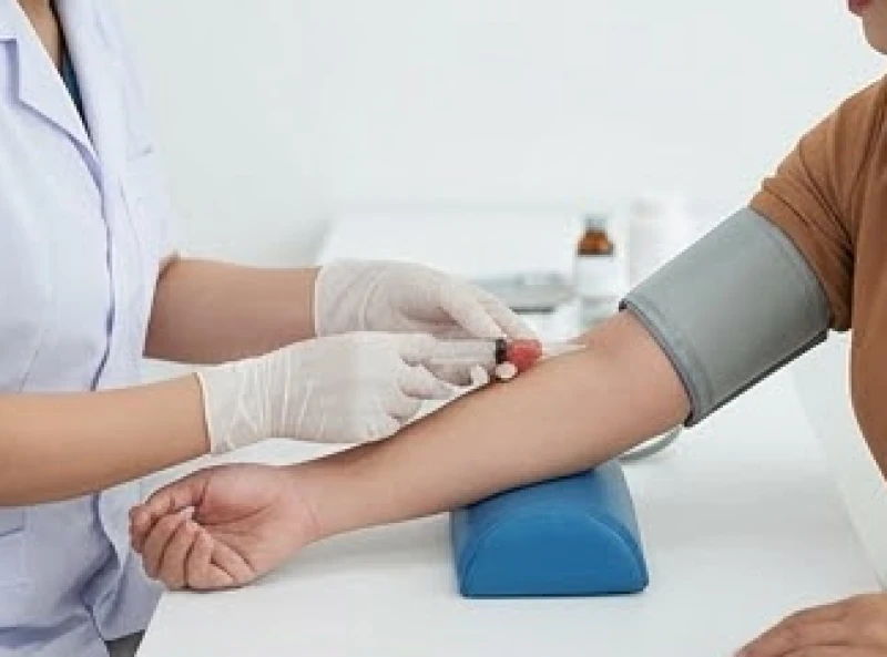 Nhân viên y tế đang lấy mẫu máu xét nghiệm để kiểm tra chỉ số cholesterol và axit uric