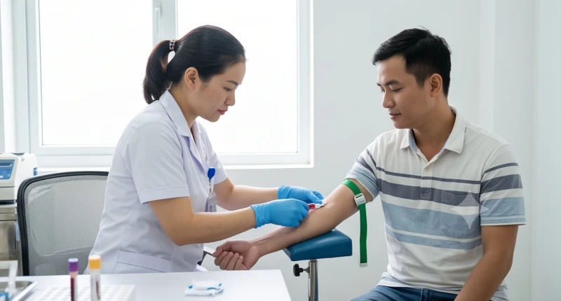 Nhân viên y tế tiến hành lấy mẫu máu xét nghiệm cho bệnh nhân tại phòng khám