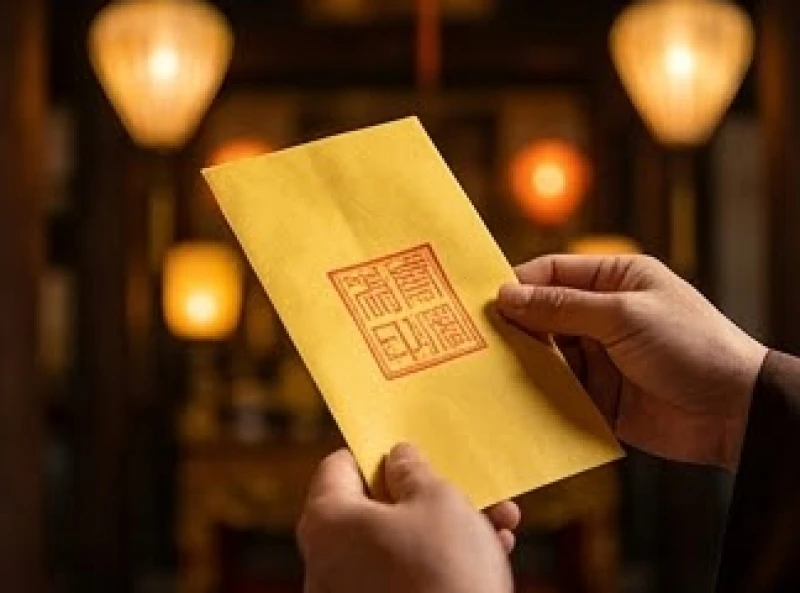 Lá ấn Đền Trần màu vàng óng mang bốn chữ Trần miếu tự điển được nâng niu trên tay người hành lễ