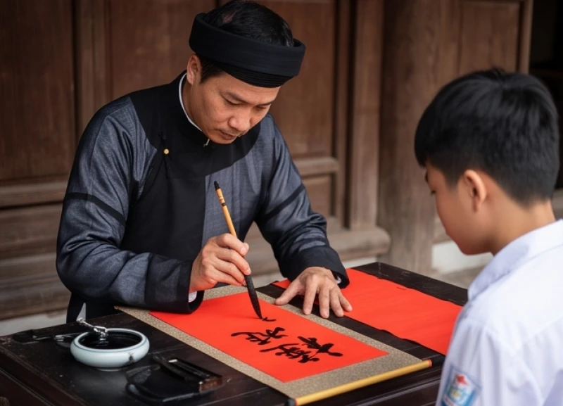 Ông đồ mặc áo dài truyền thống đang tỉ mỉ viết chữ thư pháp Hán Nôm trên nền giấy đỏ cho học sinh
