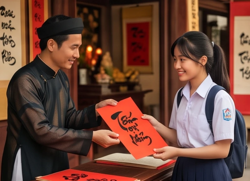 Sĩ tử nhận bức thư pháp chữ Đỗ đỏ thắm từ tay thầy đồ để mang về treo góc học tập