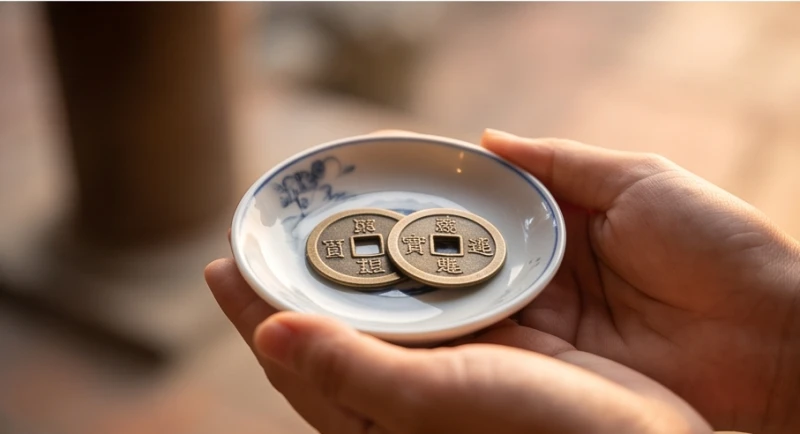 Hai đồng tiền xu cổ bằng đồng gieo trên đĩa nhỏ để xin đài âm dương sau khi cúng