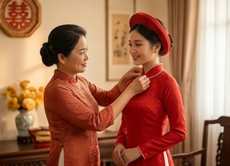 Người mẹ ân cần chỉnh lại tà áo dài cho con gái trước thời khắc lên xe hoa rước dâu về nhà chồng