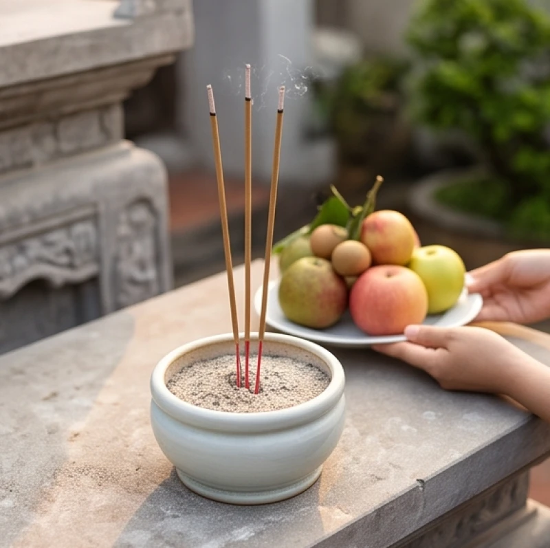 Bát hương trên bàn thiên với ba chân nhang đã cháy tàn hơn hai phần ba trước khi gia chủ xin hạ lễ