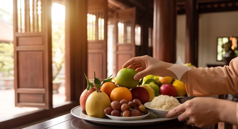 Người đi lễ cẩn thận thu dọn mâm lễ chay của mình mang về nhà để chia lộc bình an cho các thành viên trong gia đình