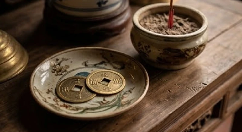 Văn khấn nhận con nuôi tại chùa: Cách sắm lễ và viết sớ chuẩn 6 Đôi đồng xu âm dương rơi trên chiếc đĩa gốm cổ đặt cạnh bát hương đang cháy dở tại không gian thờ tự.