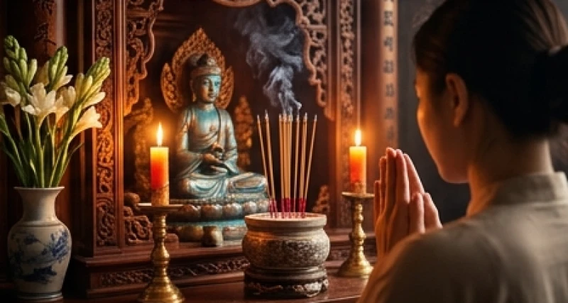 Tín đồ chắp tay thành kính khấn vái trước án thờ Quan Lớn Đệ Tam Giám Sát