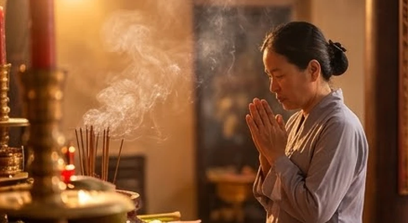 Văn khấn Cô Chín chuẩn nhất: Cách sắm lễ và quy trình dâng hương 2 Người đi lễ chắp tay thành kính cầu nguyện trước ban thờ Cô Chín để xin lộc bình an và sức khỏe