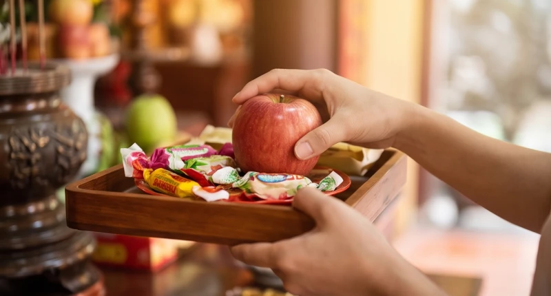 Người hành lễ vui vẻ nhận lại phần lộc quả từ mâm lễ sau khi nhang đã cháy quá hai phần ba