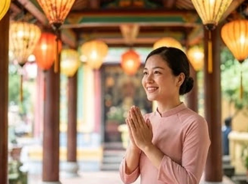 Nét mặt hoan hỉ và tươi tắn của du khách khi thành tâm dâng hương cầu xin sự hanh thông tại Miếu Cô Bé