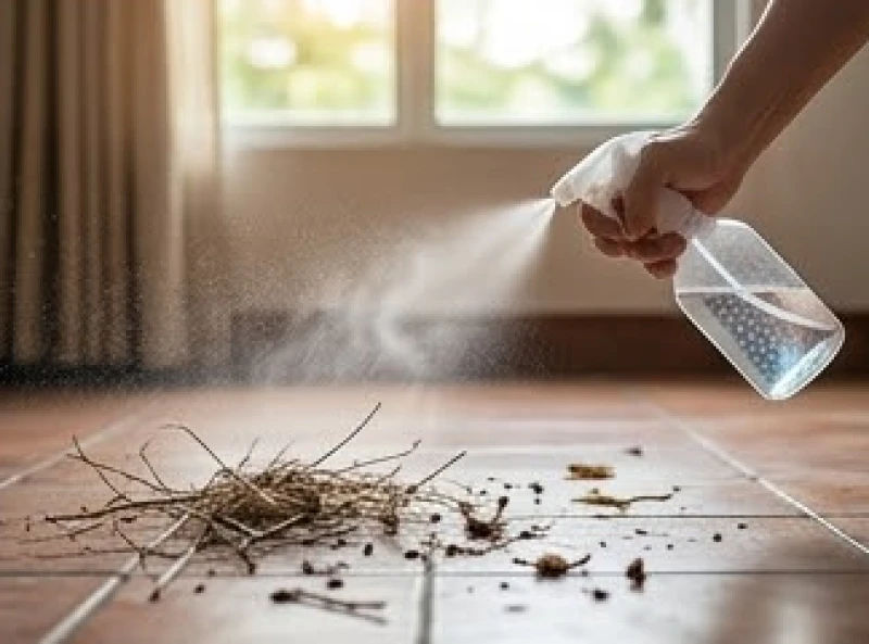 Tay cầm bình xịt dung dịch cồn 70 độ sát khuẩn khu vực gạch lát có vương vãi vật liệu làm tổ