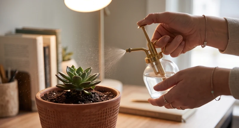 Dùng bình xịt phun sương cấp ẩm nhẹ nhàng cho gốc cây cảnh trồng trong môi trường văn phòng