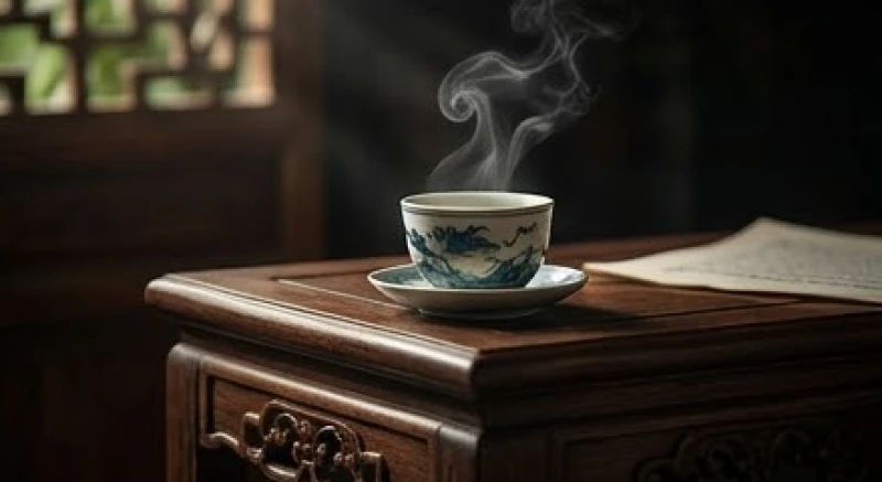 Một tờ vé số kiến thiết và tách trà mạn tĩnh lặng trên mặt bàn gỗ cổ kính truyền thống