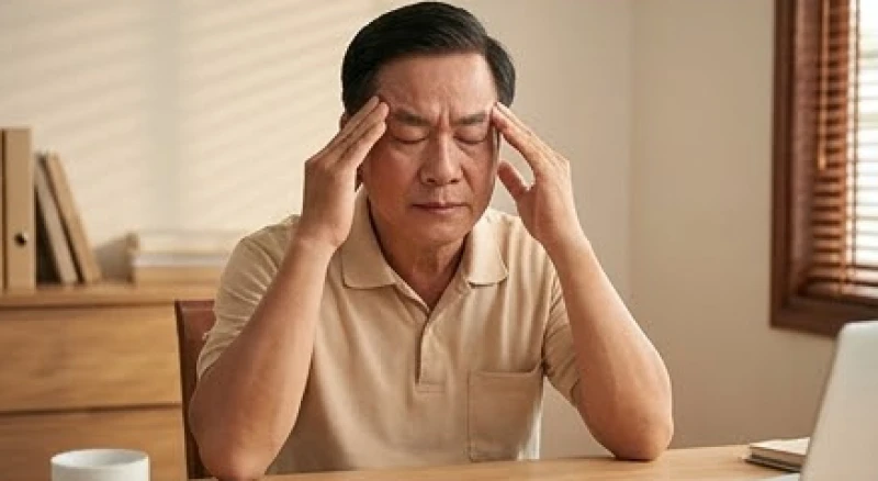 Sức khỏe tuổi Tuất năm 2027: Cảnh báo bệnh lý và cách hóa giải 3 Nam giới đang nhắm mắt xoa bóp vùng thái dương để giảm bớt cơn đau đầu và giải tỏa căng thẳng thần kinh