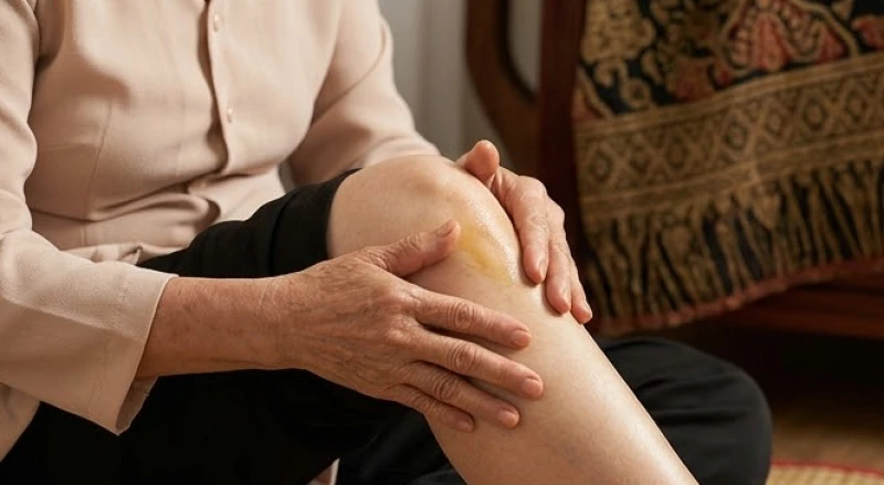 Người phụ nữ lớn tuổi đang nhẹ nhàng xoa bóp khớp gối bằng dầu thảo dược