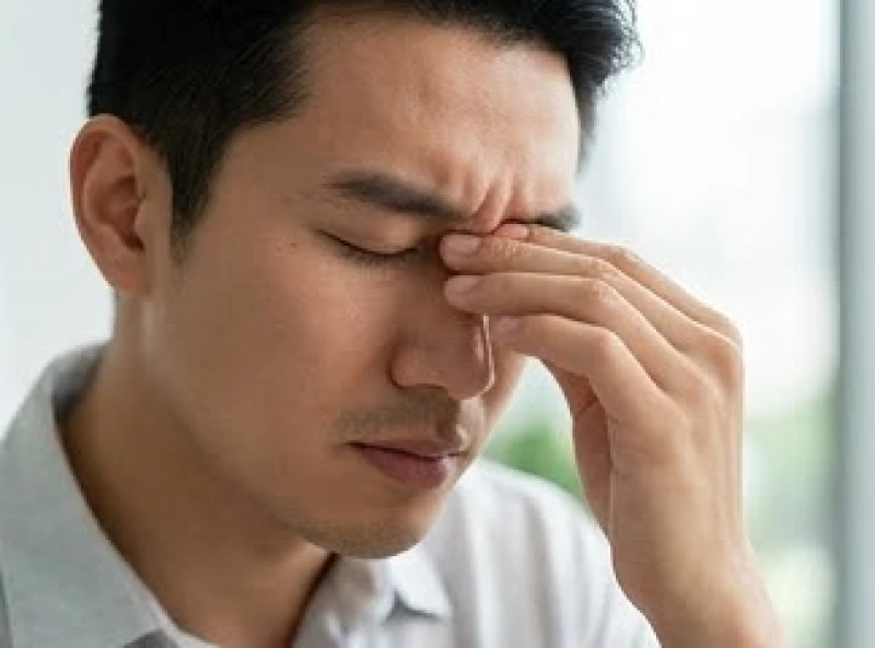 Một người đàn ông nhắm nghiền mắt xoa bóp nhẹ vùng trán và cơ vòng mi để giảm thiểu sự co thắt sinh lý