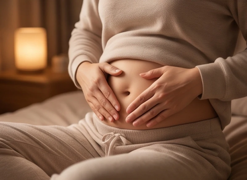 Động tác xoa bóp vùng bụng nhẹ nhàng theo chiều kim đồng hồ hỗ trợ hệ tiêu hóa