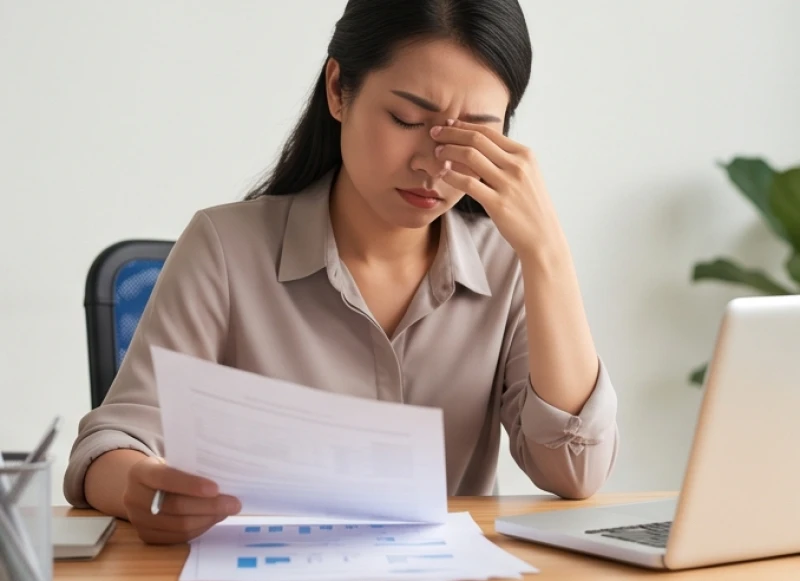 Nữ nhân viên văn phòng mệt mỏi xoa nhẹ vùng mắt khi gặp hiện tượng lông mày bên trái giật là điềm gì
