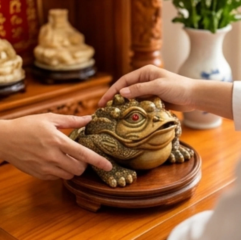 Thao tác xoay Cóc Thiềm Thừ trên bàn thờ Thần Tài vào buổi sáng và buổi tối để giữ tài lộc