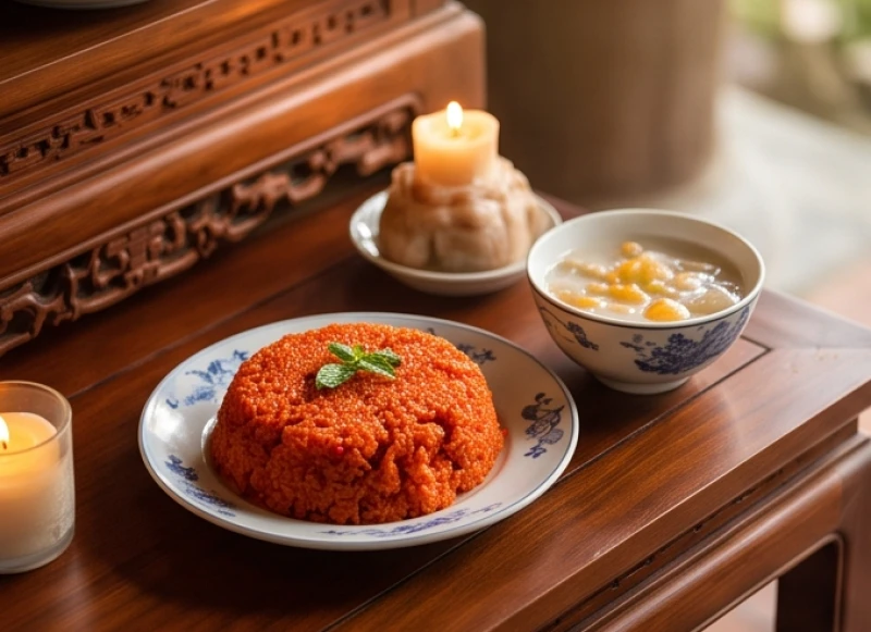 Văn khấn Đức Thánh Hiền tại chùa: Bài cúng chuẩn và sắm lễ chay 5 Bát chè trôi nước và đĩa xôi gấc đỏ tươi rắc vừng đặt trang trọng trên bàn thờ gỗ tại nhà chùa