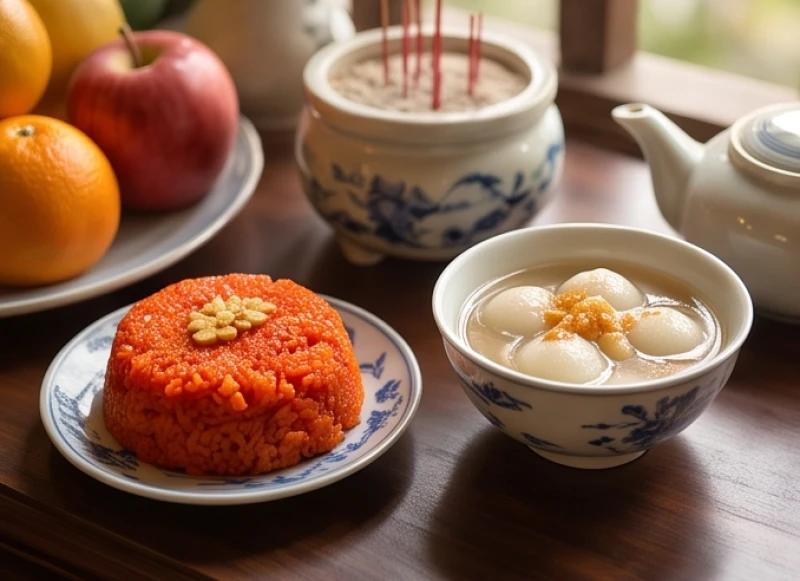 Đĩa xôi gấc đỏ rực và bát chè trôi nước thanh tao được dâng cúng trên ban thờ Phật để giữ sự thanh khiết