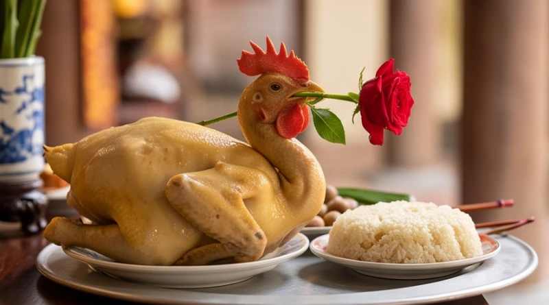 Văn khấn chuộc khoán cho con: Sắm lễ vật và quy trình bài bản 3 Mâm lễ mặn dâng ban Đức Ông gồm gà trống luộc ngậm hoa hồng, đĩa xôi nếp dẻo và cút rượu trắng tinh khiết