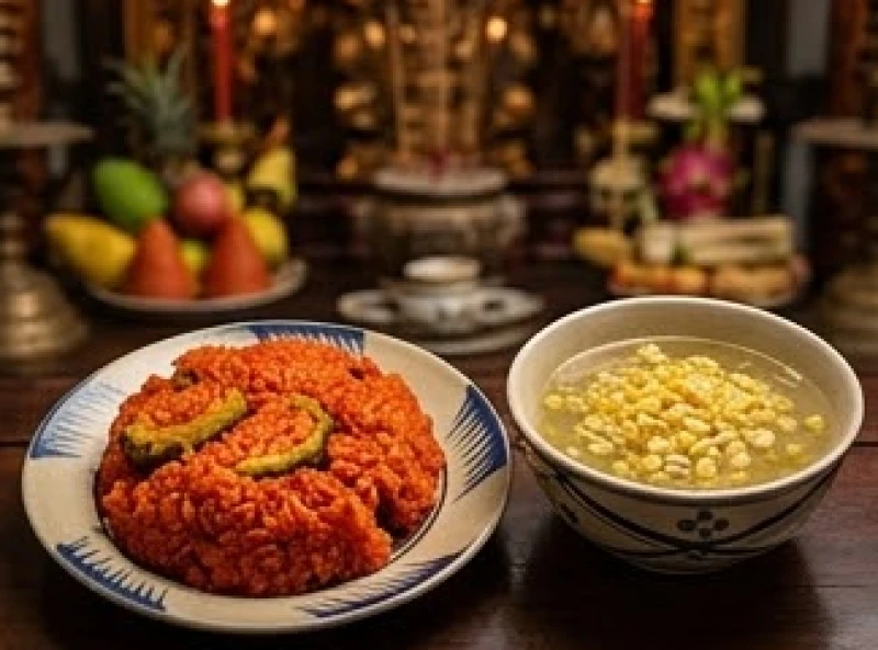 Văn khấn tạ lễ Bà Cậu: Cách sắm mâm cúng và bài cúng trả lễ 4 Đĩa xôi gấc màu đỏ may mắn đặt cạnh bát chè hoa cau ngọt thanh trên mâm lễ dâng tạ ơn thánh thần