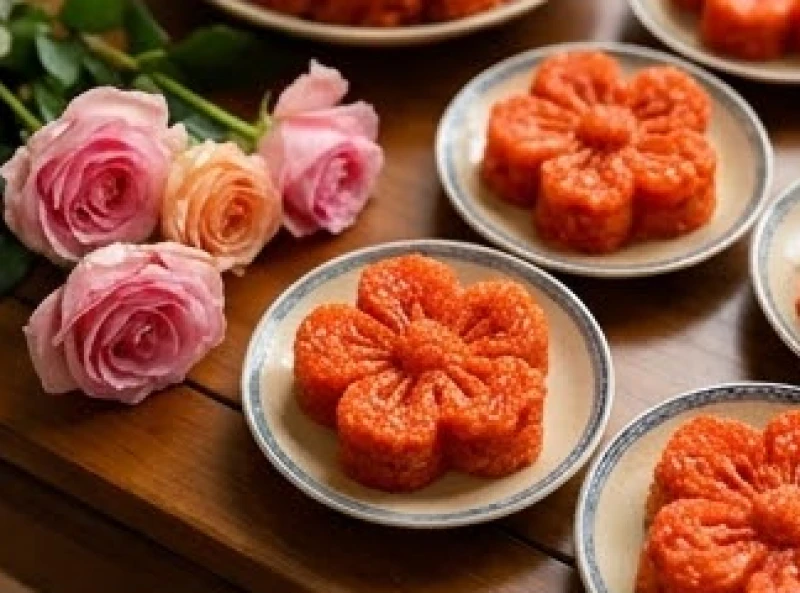 Những đĩa xôi gấc đỏ tươi được đóng khuôn hình hoa mai đẹp mắt trên mâm cúng Mụ