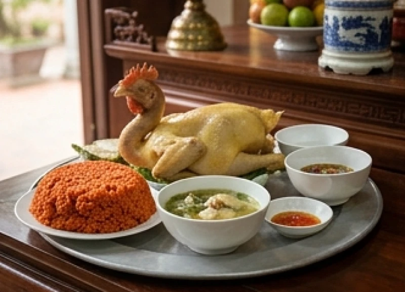 Văn khấn tại Đền Hùng: Bài khấn từng đền và lộ trình dâng hương 2 Mâm lễ mặn tiêu chuẩn với gà trống luộc ngậm hoa hồng và xôi gấc đỏ tươi dâng tại đền