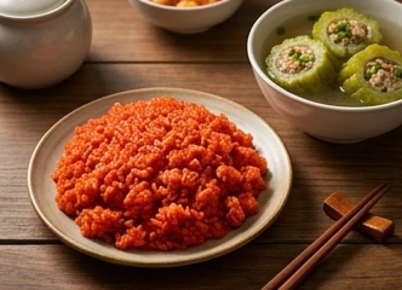 Đĩa xôi gấc đỏ tươi và canh khổ qua trên mâm cỗ Tết mang lại bình an