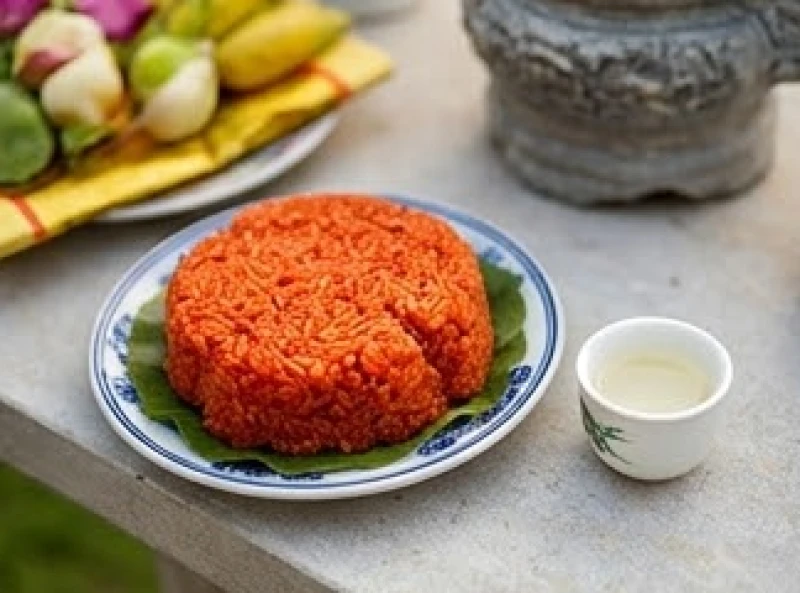 Đĩa xôi gấc đỏ tươi đơm tròn trịa bên cạnh đĩa thịt luộc trong mâm lễ mặn truyền thống dâng Mẫu
