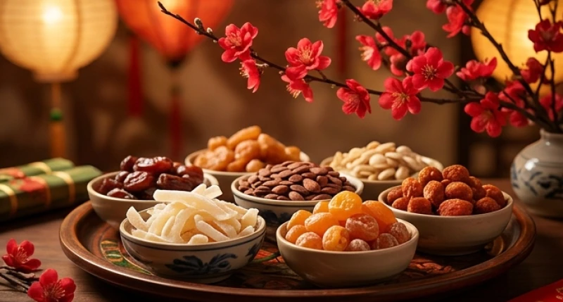 Cành đào đỏ và khay mứt Tết truyền thống chuẩn bị đón khách xông nhà dịp đầu năm